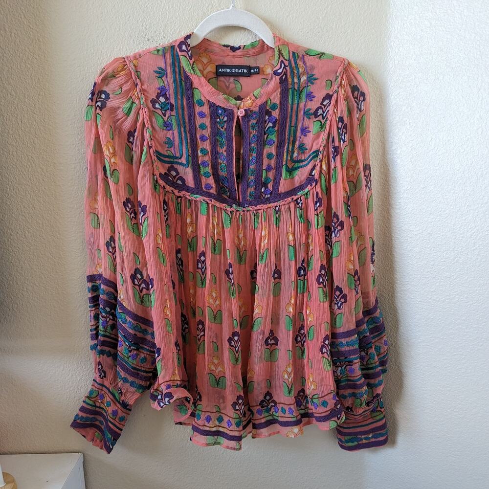 Anitk Batik Mia Embroidered Long Sleeve Blouse size M Medium